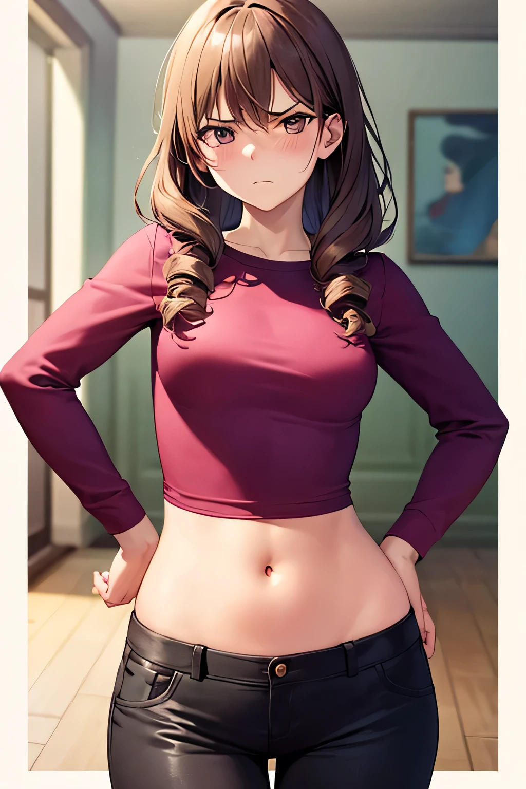 super fine illustration, vibrant colors, masterpiece, sharp focus, best quality, depth of field, cinematic lighting, ultra detailed, crop top, long sleeves, slim pants, navel, bellybutton, belly button, tummy, 1 woman, solo, milf, slender, blush, annoyed, mature female, tall woman, looking down, small breasts, dark hair, holding handbag, long hair, annoyed, pink shirt, low rise, leaning back, curly hair, chestnut mouth, bar, hand on hip, model posing