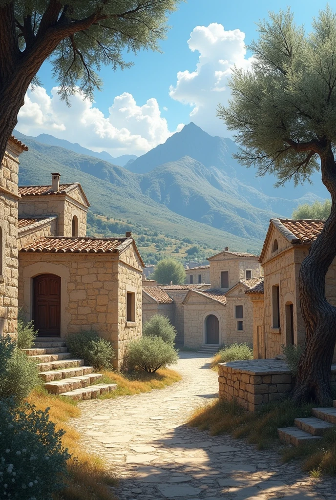 Ancient Greece Setting:
Prompt: "A small, ancient Greek village with simple stone houses, narrow dirt roads, and olive trees scattered across rolling hills. Distant mountains rise in the background under a bright blue sky, capturing a peaceful and rustic atmosphere. Higher realistic