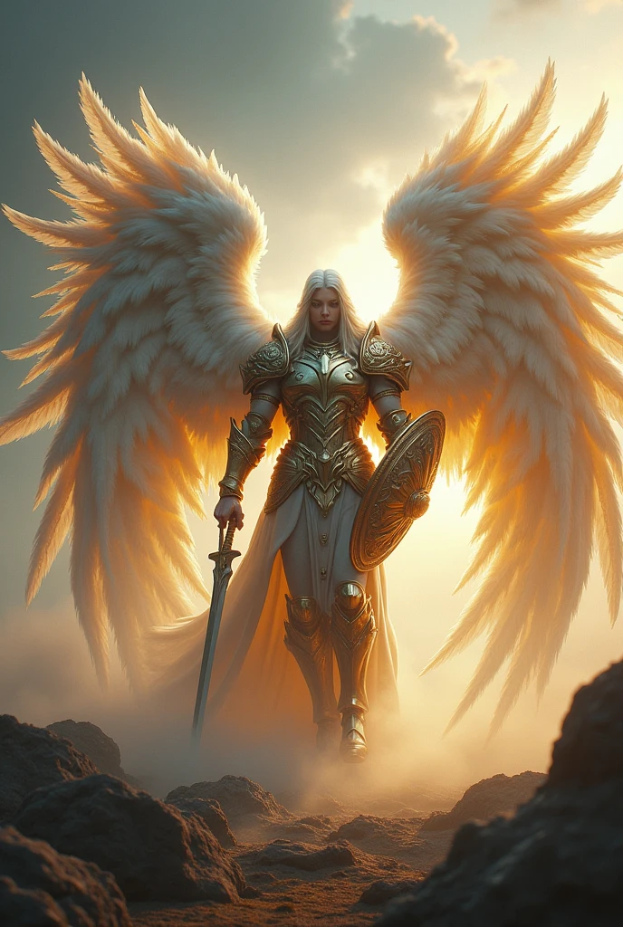 a strong angel with heavenly armor, shield sword, seven wings, ready for battle, highly detailed, cinematic lighting, dramatic composition, epic fantasy, digital painting, vibrant colors, dramatic lighting, volumetric fog, cinematic camera angle, realistic textures, intricate details, masterpiece, best quality, 8k, photorealistic