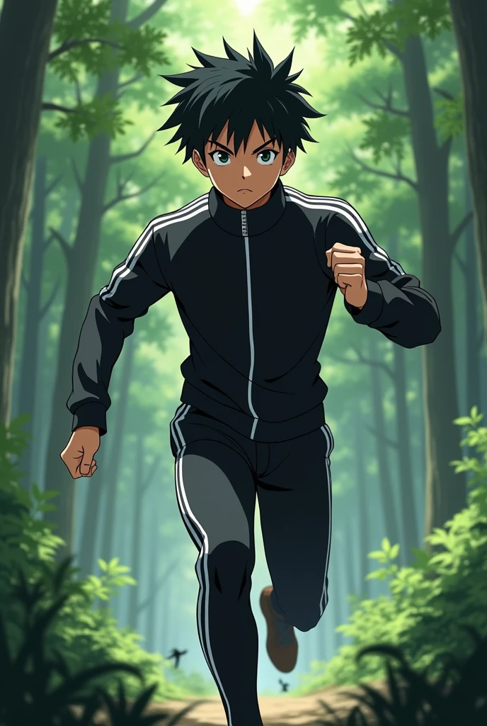 Young character  anime man with black hair and black eyes serious with black clothes with white stripes in a forest running full body
