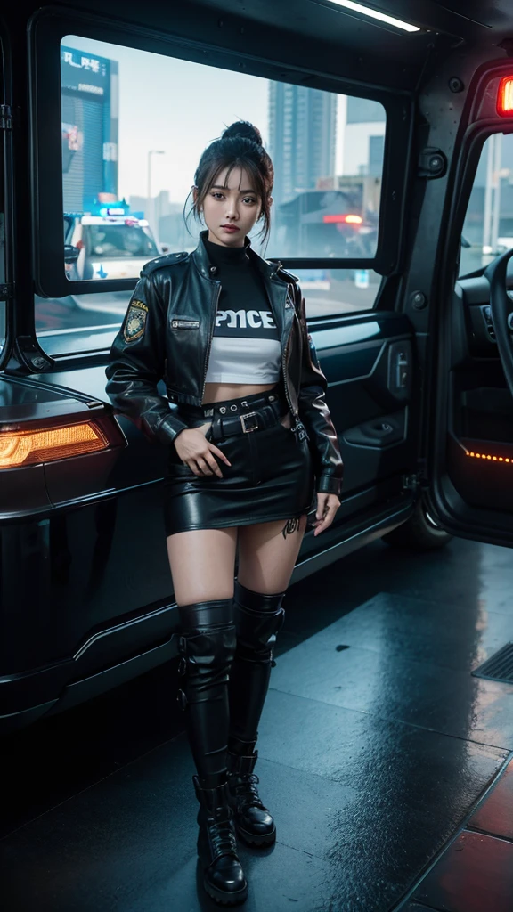 (Top Quality, Ultra High Definition, Photorealistic:1.4), (cowboy shot:1), 1 Beautiful Armed Girl, (Kpop Idol), Detailed Face, (Hair Style: long hair blonde:1, fullbang, shortbob-style:1), Contrapposto, Perfect Anatomy, ((wearing Futuristic Police Racing Suits, low-mini-skirt, police wappen, High-tech Headset, military harness, racing gloves, )), (Cloths colors based on silver pink black white), (background, crashed cars, fire, (Explosion)),