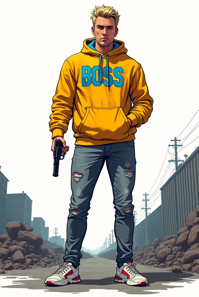 Create a comic book style drawing, bright coloured, high qualiy, a 37 year old white male, 80 kilos, Italian descent, youthful appearance but very serious, a leader, medium size, blond short hair, yellow sweatshirt with blue details that says BOSS, gray jeans with small rips, white sneakers with red details, holding a revolver, Apocalypse theme, drawing with perspective, Action scene, white background, fully body