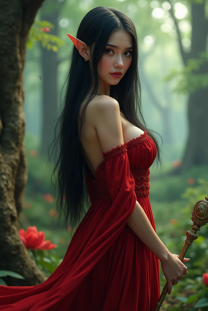 woman, long straight black hair, elf type, cherry dress, large bust, in fantasy forest, with a scepter, looking at the camera, photorealistic