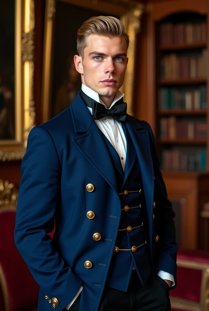 A strikingly handsome young nobleman from the late 19th century, standing confidently in an opulent, richly decorated room. He has neatly combed blond hair, piercing blue eyes, and strong, chiseled facial features, including a well-defined jawline. He is dressed in an elegant, formal outfit, wearing a finely tailored deep blue coat with gold buttons, over a matching waistcoat, and a crisp white dress shirt with a high stiff collar. A black cravat is tied around his neck. The background includes luxurious wood paneling, ornate golden picture frames, and shelves filled with books, reflecting his high social status and the grandeur of his surroundings. The overall atmosphere is one of sophistication and authority