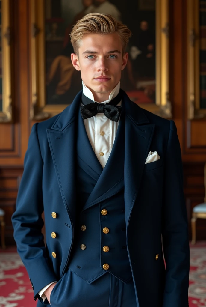 A strikingly handsome young nobleman from the late 19th century, standing confidently in an opulent, richly decorated room. He has neatly combed blond hair, piercing blue eyes, and strong, chiseled facial features, including a well-defined jawline. He is dressed in an elegant, formal outfit, wearing a finely tailored deep blue coat with gold buttons, over a matching waistcoat, and a crisp white dress shirt with a high stiff collar. A black cravat is tied around his neck. The background includes luxurious wood paneling, ornate golden picture frames, and shelves filled with books, reflecting his high social status and the grandeur of his surroundings. The overall atmosphere is one of sophistication and authority