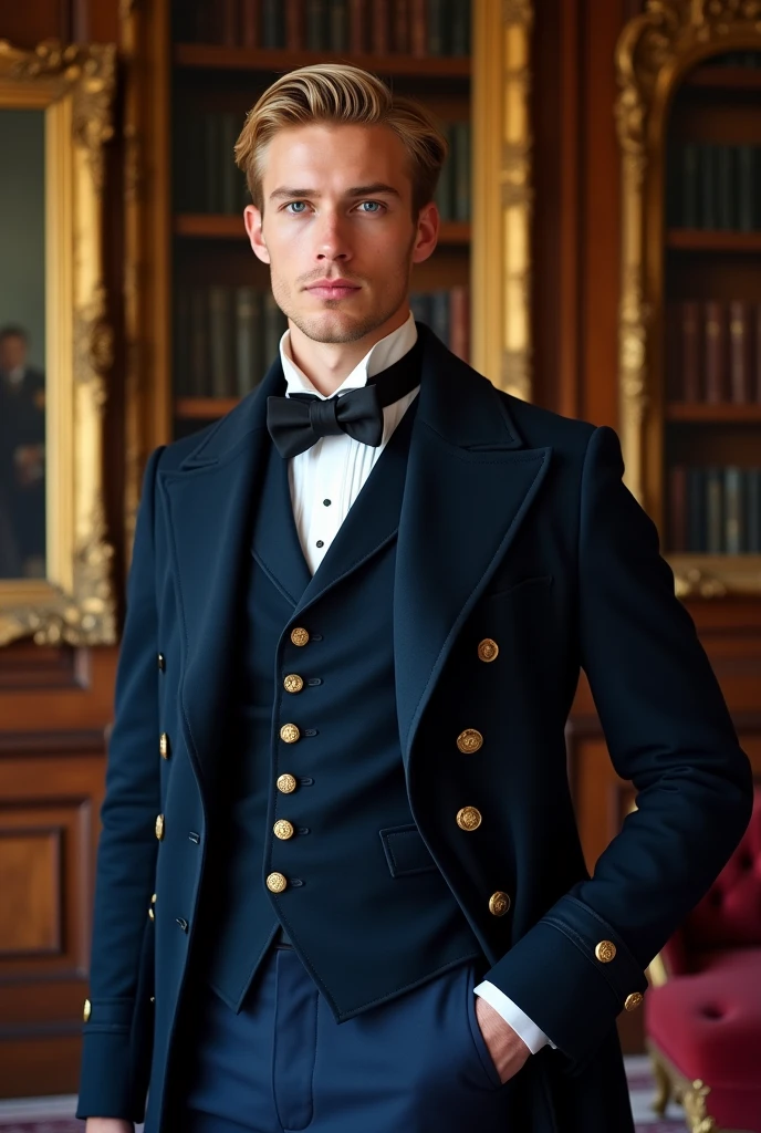 A strikingly handsome young nobleman from the late 19th century, standing confidently in an opulent, richly decorated room. He has neatly combed blond hair, piercing blue eyes, and strong, chiseled facial features, including a well-defined jawline. He is dressed in an elegant, formal outfit, wearing a finely tailored deep blue coat with gold buttons, over a matching waistcoat, and a crisp white dress shirt with a high stiff collar. A black cravat is tied around his neck. The background includes luxurious wood paneling, ornate golden picture frames, and shelves filled with books, reflecting his high social status and the grandeur of his surroundings. The overall atmosphere is one of sophistication and authority