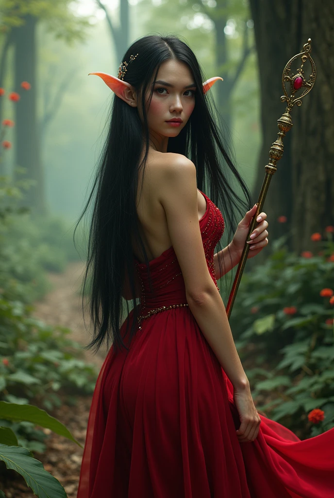 woman, long straight black hair, elf type, cherry dress, large bust, in fantasy forest, with a scepter, looking at the camera, photorealistic