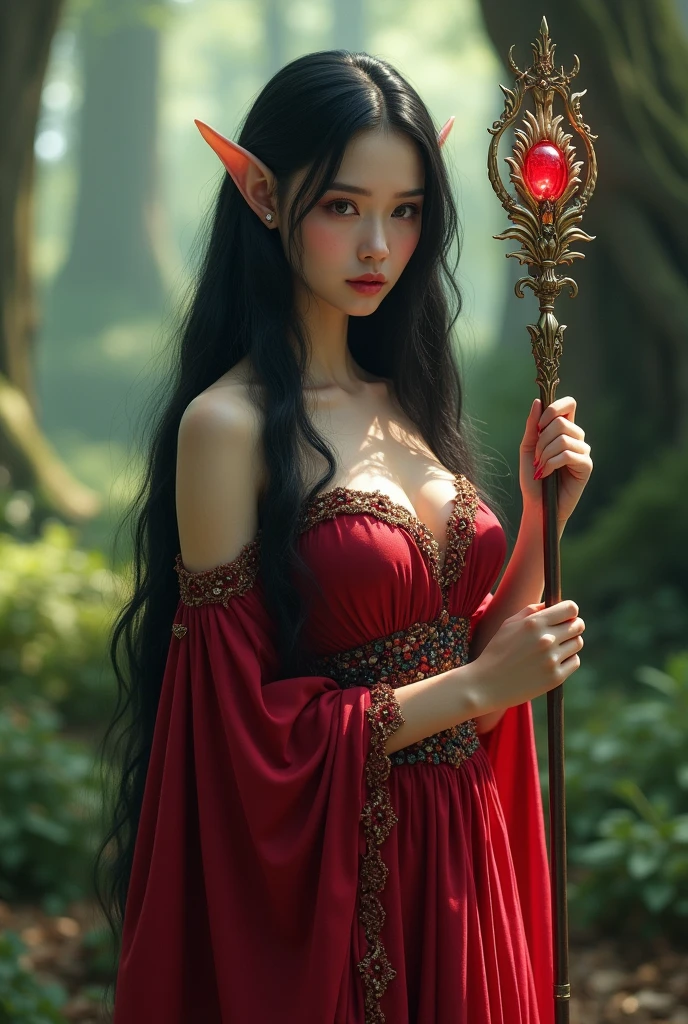 woman, long straight black hair, elf type, cherry dress, large bust, in fantasy forest, with a scepter, looking at the camera, photorealistic