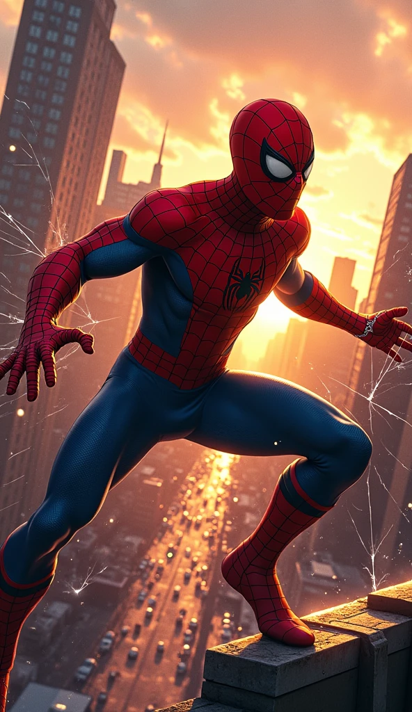 Spider-Man fights with every fiber of his being, In a shimmering twilight over New York, Retro comic style artwork, perfect composition,hyperrealistic,super detailed,high quality,sharp focus,studio photo,intricate details,highly detailed