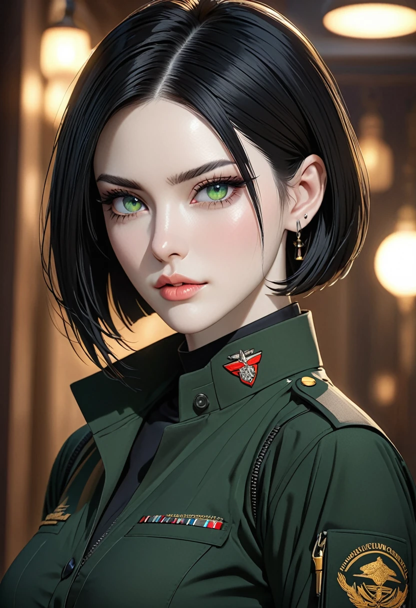 ((best quality)), ((artwork)), ((extremely detailed face)), ((perfect lighting)), ((extremely detailed CG)), ((perfect hands, perfect anatomy)) Appearance= Pale skin, tall, elegant, busty, athletic, toned, striking features, high cheekbones, straight nose, thin lips, firm chin, thin scar over brow; piercing green eyes; straight black hair, bob cut
Personality= Stubborn, direct, obstinate
Occupation= Contractor
Clothing= Black tatical uniform