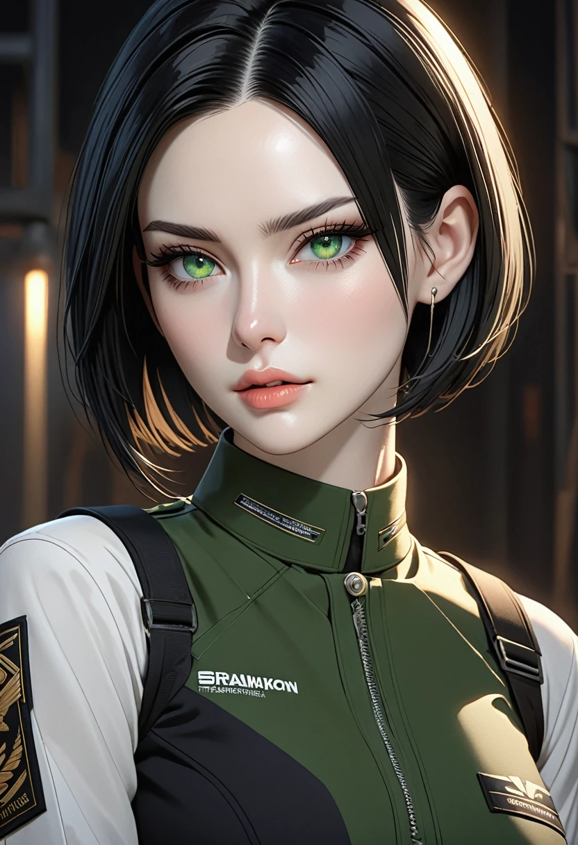 ((best quality)), ((artwork)), ((extremely detailed face)), ((perfect lighting)), ((extremely detailed CG)), ((perfect hands, perfect anatomy)) Appearance= Pale skin, tall, elegant, busty, athletic, toned, striking features, high cheekbones, straight nose, thin lips, firm chin, thin scar over brow; piercing green eyes; straight black hair, bob cut
Personality= Stubborn, direct, obstinate
Occupation= Contractor
Clothing= Black tatical uniform