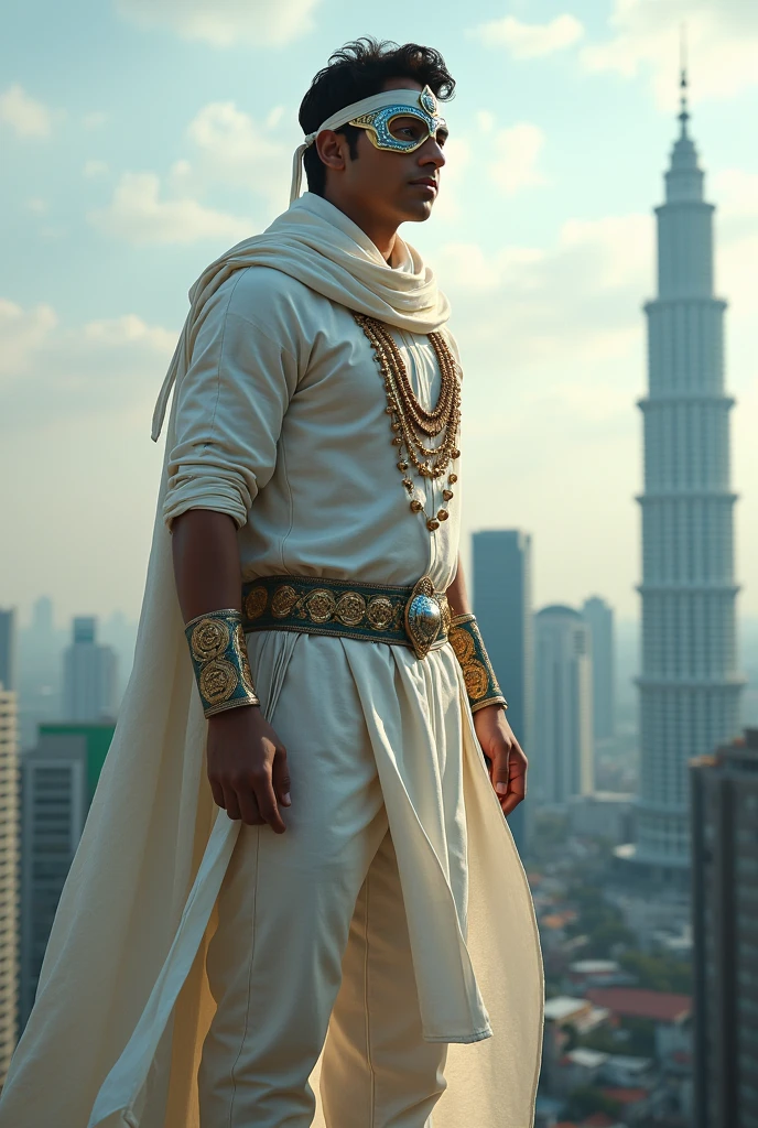 a 20 years old Indian kid as a super hero with wearing white indian traditional way and wearing mask will be a avatar to lord Chandra dev standing beside him
and guard the Malaysia city