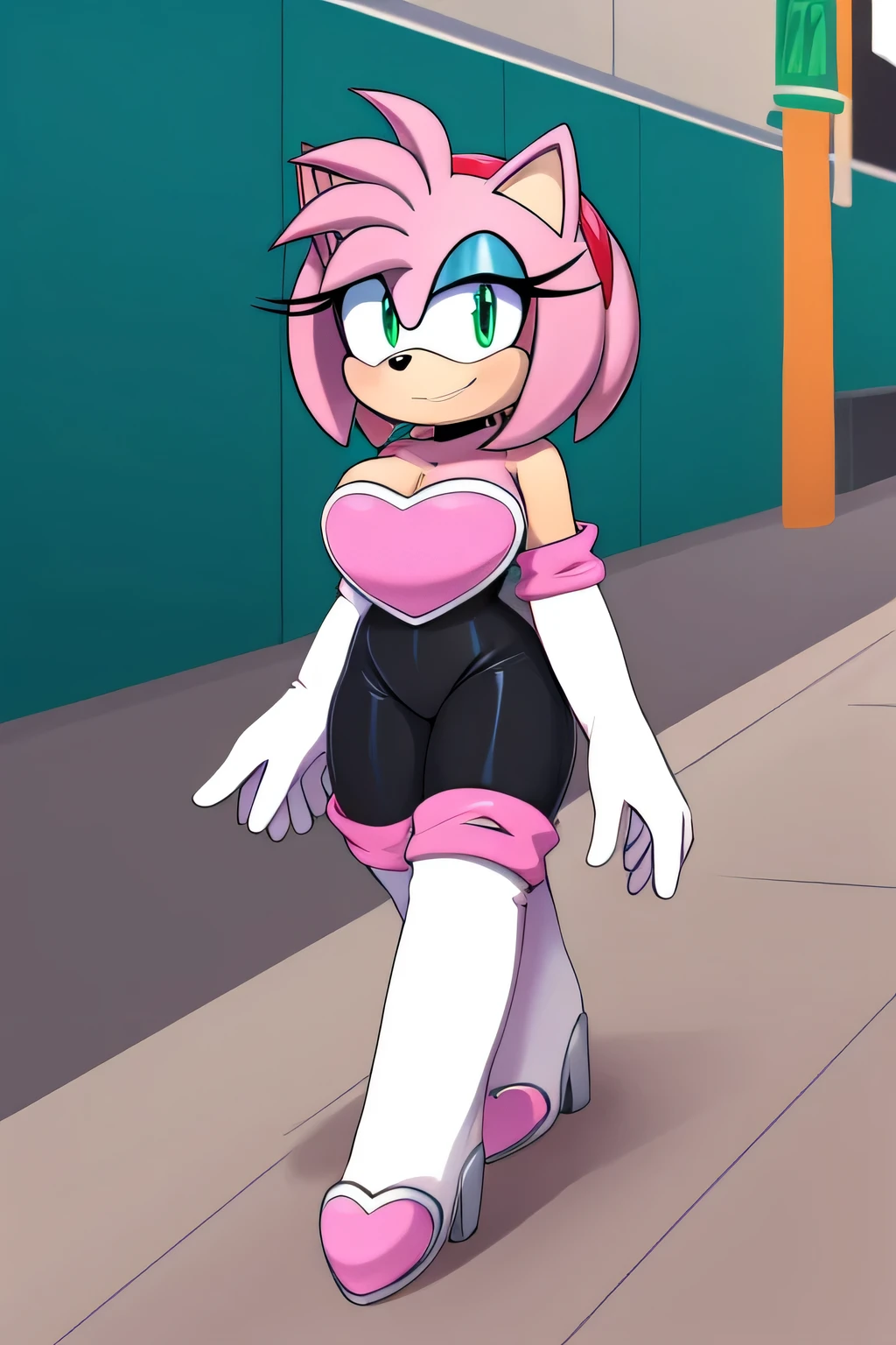 Score_9, score_8_up, 2D, flat color, looking at viewer, (1girl), (solo), very detailed, extremely detailed, Amy Rose from the sonic the hedgehog series, portrait, smile, looking at viewers, hair down, hair bangs, large bust, milf, Rouge cosplay, cosplay, Rouge outfit, she wears a black skin-tight and strapless low-cut jumpsuit, a pink heart-shaped chest plate outlined with thin white trim, elbow-length white gloves and thigh-high high-heeled boots with pink cuffs to match them, with the latter featuring both gray soles and heels, along with steel toes in the appearance of pink hearts, matching her jumpsuit's chest plate, walking on the sidewalk of the street of the city at daytime