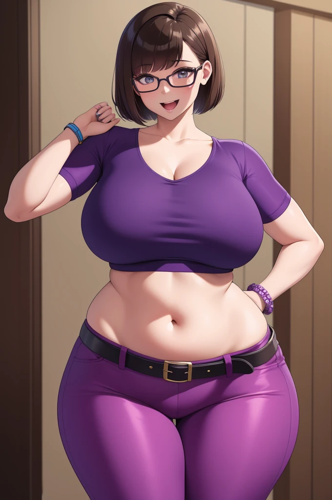 best quality, glossy, 4k, ((artwork)), extremely detailed, 8k, hot woman with an exaggerated, curvy figure. She has a short bob haircut, with brown hair that frames her face. Her expression is cheerful and expressive, with wide eyes and a big smile, giving her an energetic and lively demeanor. She is wearing a tight-fitting purple top that accentuates her figure, along with matching purple pants. Her outfit is completed with a white belt and several bracelets on her left wrist. clevage