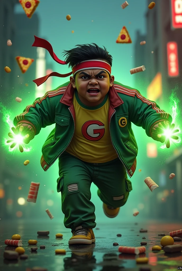 20year old bangladesh man , nepal ( chubby body type. body.) sharp eyes..shave face. chubby face. dark skin. man . Anger face. Open mouth. wear headband red whitr. . wearing an (green red stripe jacket) future shirt.young boy . anger faces, short hairstyle.wear white singlet.((wear green jacket))("G" logo on the shirt.) l . Dramatic.. at city ,( camouflauge green)cargo pant,, detailed face, cinematic lighting, dramatic atmosphere,.hot day. vibrant colors, 8k, high quality, photorealistic. Hero suit.. ha,army green logo design on pant . Very strong. Future design dress. Very epic. Very hot background.. dark sky. Very strong . . Flying floating glowing pizza, candy. chocolate bar everywhere..Floating small rock small rock glwing green everywhere.have a power turn anything to the food. ))green two finger on both side. upper tilt shift shoot photograpy. jump effect. panning effect. ((glowing green pizza. )) running effect. fast running. big belly fats
