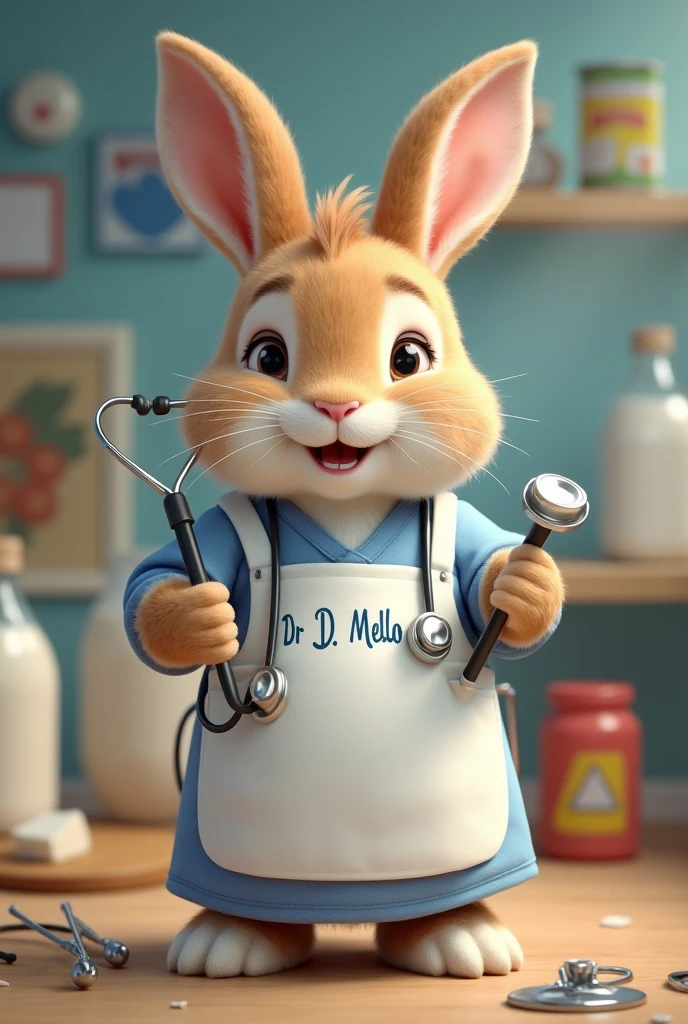 A rabbit with stethoscope, bearing white and blue apron . Fatty and cute appearance.
Showing bottle and can of ghee , cow milk .
Written Dr. D mellow