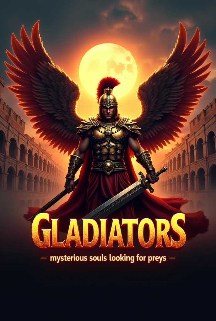 A dynamic logo for "Gladiators," featuring a winged Roman gladiator in gold-detailed armor, holding a sword. The backdrop is a twilight coliseum with fiery skies. The title "Gladiators" appears in bold, fiery letters entwined with serpents, hinting at mystery. Below, the slogan reads "Mysterious Souls Looking for Preys." The design blends ancient Roman style with modern elements, capturing the gladiatorial spirit and thrill.