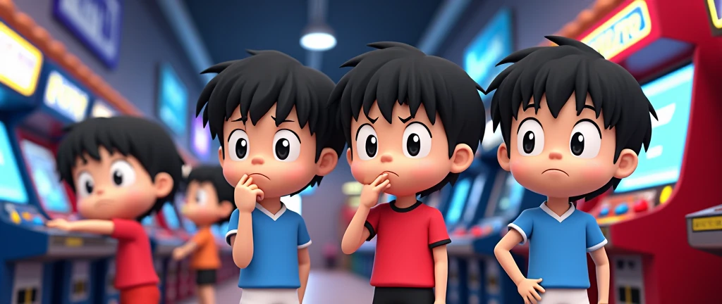 3D cartoon style of Captain Tsubasa (Super Champions) characters with bored expression in a video game arcade