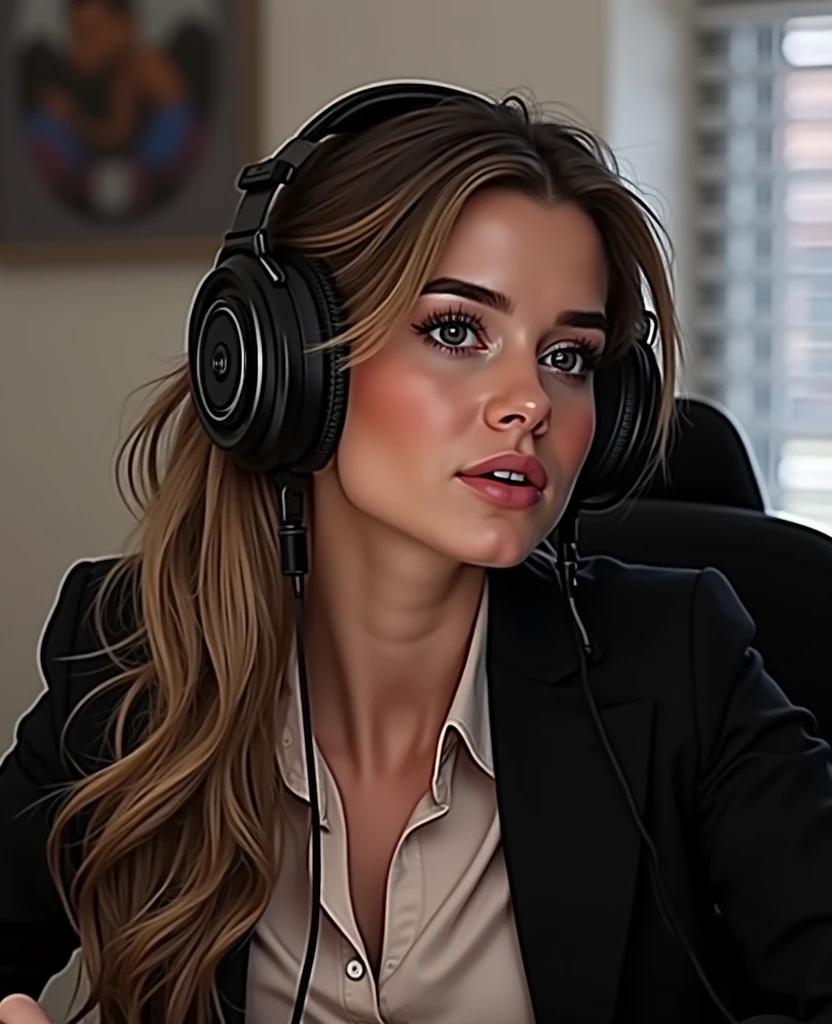 a pretty one with long blonde hair, detailedeyes, nase, and lips, wearing professional clothing, sitting in his office, using your computer, HP computer (best qualityer,4K,8k,high resolution,work of art:1.2),ultra detali,(realisitic,photorealisitic,photo-realisitic:1.37),HDR,studio lighting,extremely detailed face and body, portraite,cinematic lighting,dramatic lighting,warm color tones,dramatic colors
