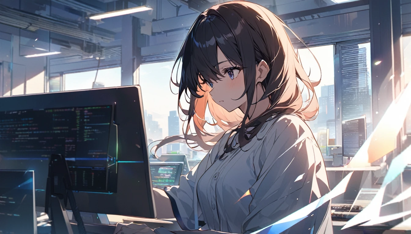 Beautiful office、Woman from behind、programming、bright、Sharp light source、noon、bright、Light coming through the window