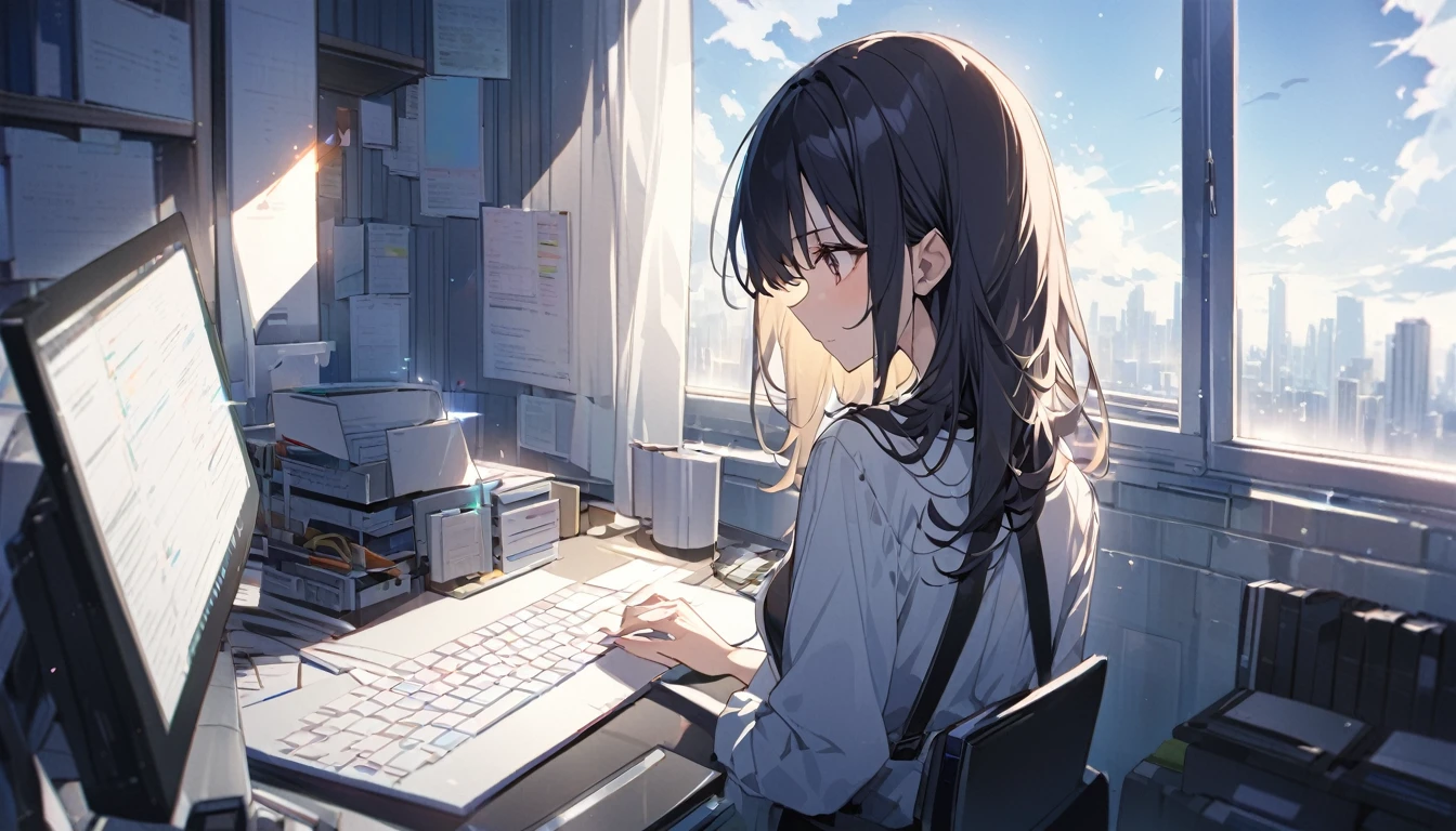 Beautiful office、Woman from behind、programming、bright、Sharp light source、noon、bright、Light coming through the window