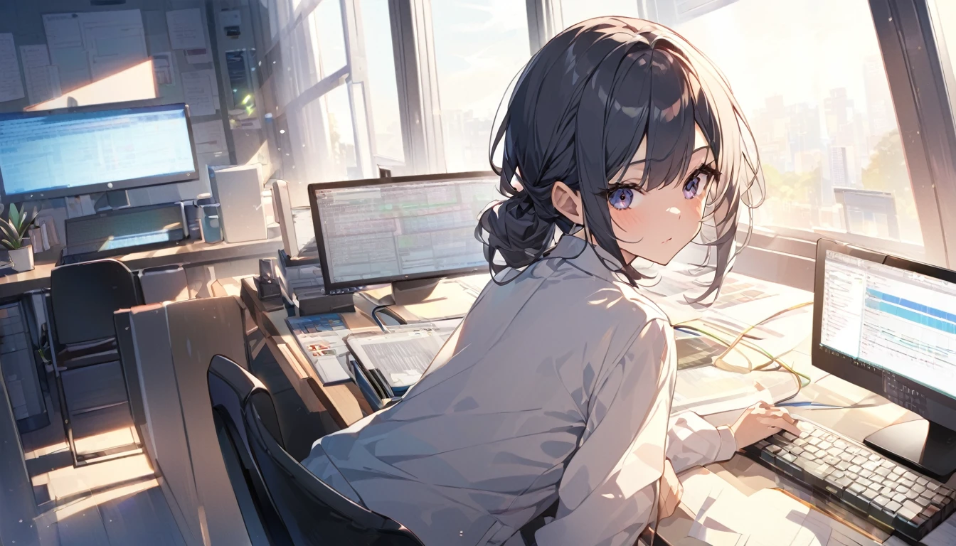Beautiful office、Woman from behind、programming、bright、Sharp light source、noon、bright、Light coming through the window