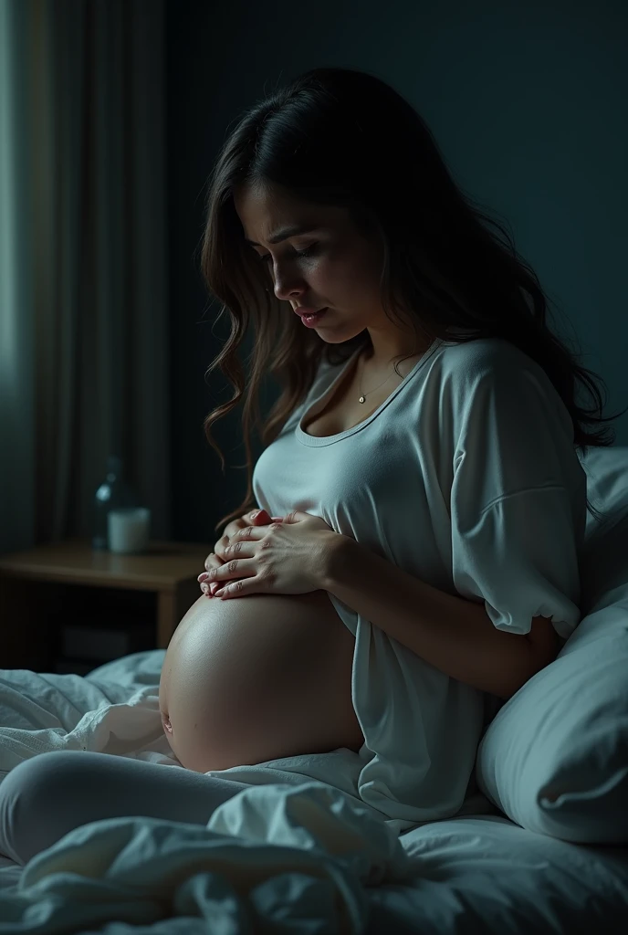 Pregnant wife cries in her room, tears, sadness, life not seen