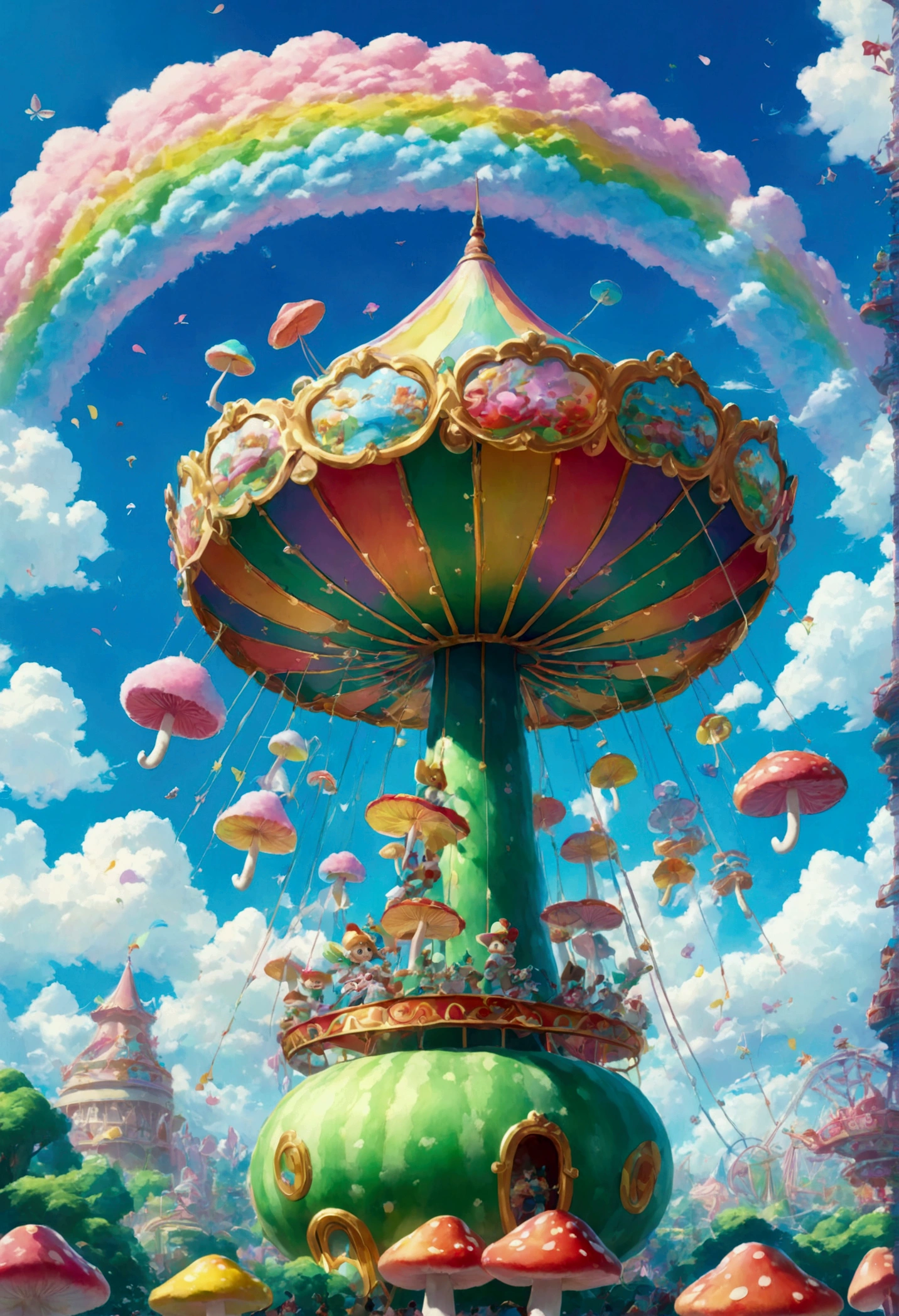 Spreading out into the deep blue sky、On top of the fluffy cloud。it's like a giant cotton candy amusement park、colorful fun attractions galore! a spinning merry-go-round, and、A rainbow slide、飛び跳ねるmeloncatなど、Just looking at it makes me smile。From the gap in the clouds、a view of the green Mushroom Kingdom、I can hear some fun music。Beautiful game world, Fantasy, cloud, amusement park, Merry-go-round, slide, meloncat, Mushroom Kingdom, fun