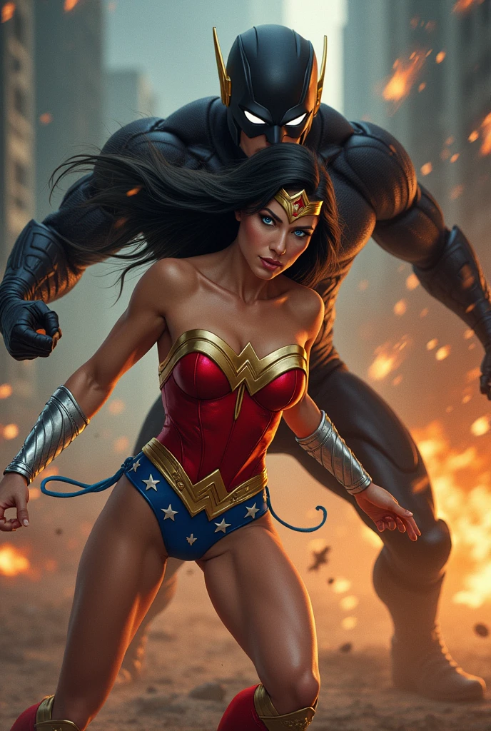 Next to a man wearing a gas mask and military uniform and holding an AK-47, another man with a mask and hood covering his face is holding Wonder Woman with a gloved hand over her right gauntlet. Woman&#39;s arms are bent backwards, Wonder Woman&#39;s left hand is visible behind Wonder Woman&#39;s buttocks, heroic scene rendered in sfm, heroic pose in justice league, game capture 3d rendering, octane highly detailed cinematic, hero Costumed, perfect military composure, hero action pose, imposing hero pose, wonder woman, masked hero, film stills 8k, [(wonder woman), tiara, leotard, jewelry, star \(symbol\), bare shoulders, cleavage, strong realistic blue eyes, realistic black hair, lips, long hair, makeup, natural skin texture, slightly suntanned skin tone, realistic, muscular body (Muscle:1.2), ((strong and healthy body)), (( (extra) muscle))), (big breasts:1.2) thin waist, (perfect big hips and wide hips:1.2), (detailed skin), ((dirty)), (wet skin:1.2), wet ; Stunningly beautiful, extremely delicate skin, sweaty skin, perfect soft curves, perfect body, perfect breasts, perfectly wide hips, full lips, extremely fine muscle definition]