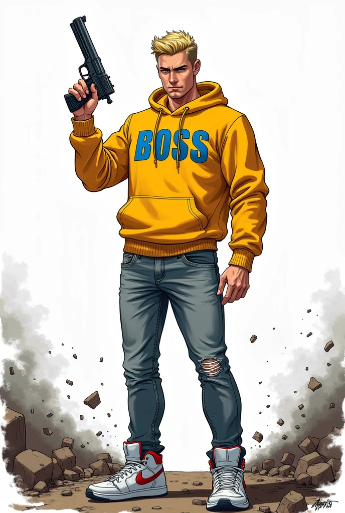 Create a comic book style drawing, bright coloured, high qualiy, a 37 year old white male, 80 kilos, Italian descent, youthful appearance but very serious, a leader, medium size, blond short hair, yellow sweatshirt with blue details that says BOSS, gray jeans with small rips, white sneakers with red details, holding a revolver, Apocalypse theme, drawing with perspective, Action scene, white background, fully body
