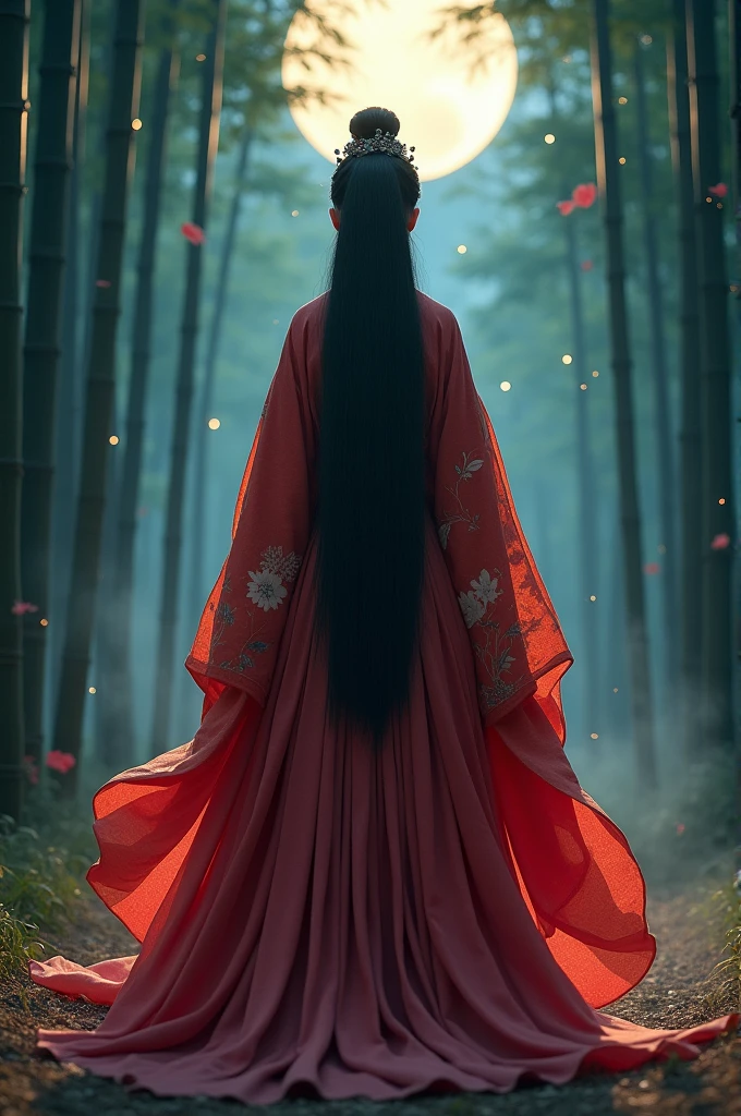 lndia of Kaguya, (heian red:1.1) japanese clothes, wide sleeves, red (karaginumo:1.1), layered kimono, 1girl, solo, black hair (hime cut:1.2) very long hair spread out, (standing, frombehind), beautifully, aesthetic, wide shot, cinematic lighting, ultra wide angle, moonlight, starry sky, bamboo forest 