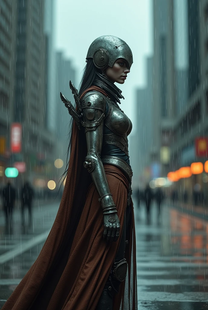 Female warrior,alien body invasion,Heavy metals,energy line,anonymous,bright eyes,elegant,excruciating,brown and white uniform,helmet bị biến dạng,Alone,modern,city,street,Dark Clouds,Thunder,heavy rain, ,Impressive lighting,,(Masterpiece:1.2), Highest quality, High resolution, Beautiful detail, high detail, perfect light, helmet, Dark Clouds, desert