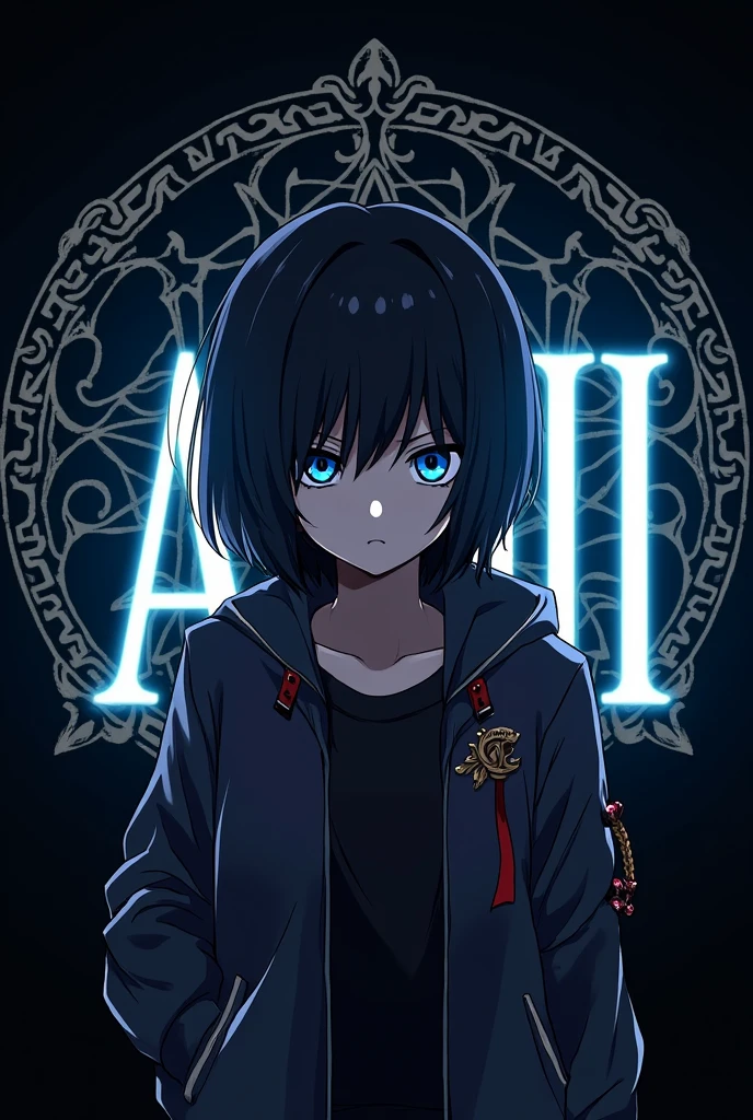 Create an image with a black background featuring a dangerous pattern. Include a adii white glowing text in background . Add an boy anime character with medium hair covering half of their face, wearing a Demon Slayer jacket in attractive colors. The character should have blue eyes, giving off a mysterious and intense vibe." For Instagram dp background text adii