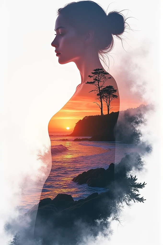 high quality, 8K Ultra HD, A beautiful double exposure that combines an goddess silhouette with sunset coast, sunset coast should serve as the underlying backdrop, with its details incorporated into the goddess , crisp lines, The background is monochrome, sharp focus, double exposure, by yukisakura, awesome full color,