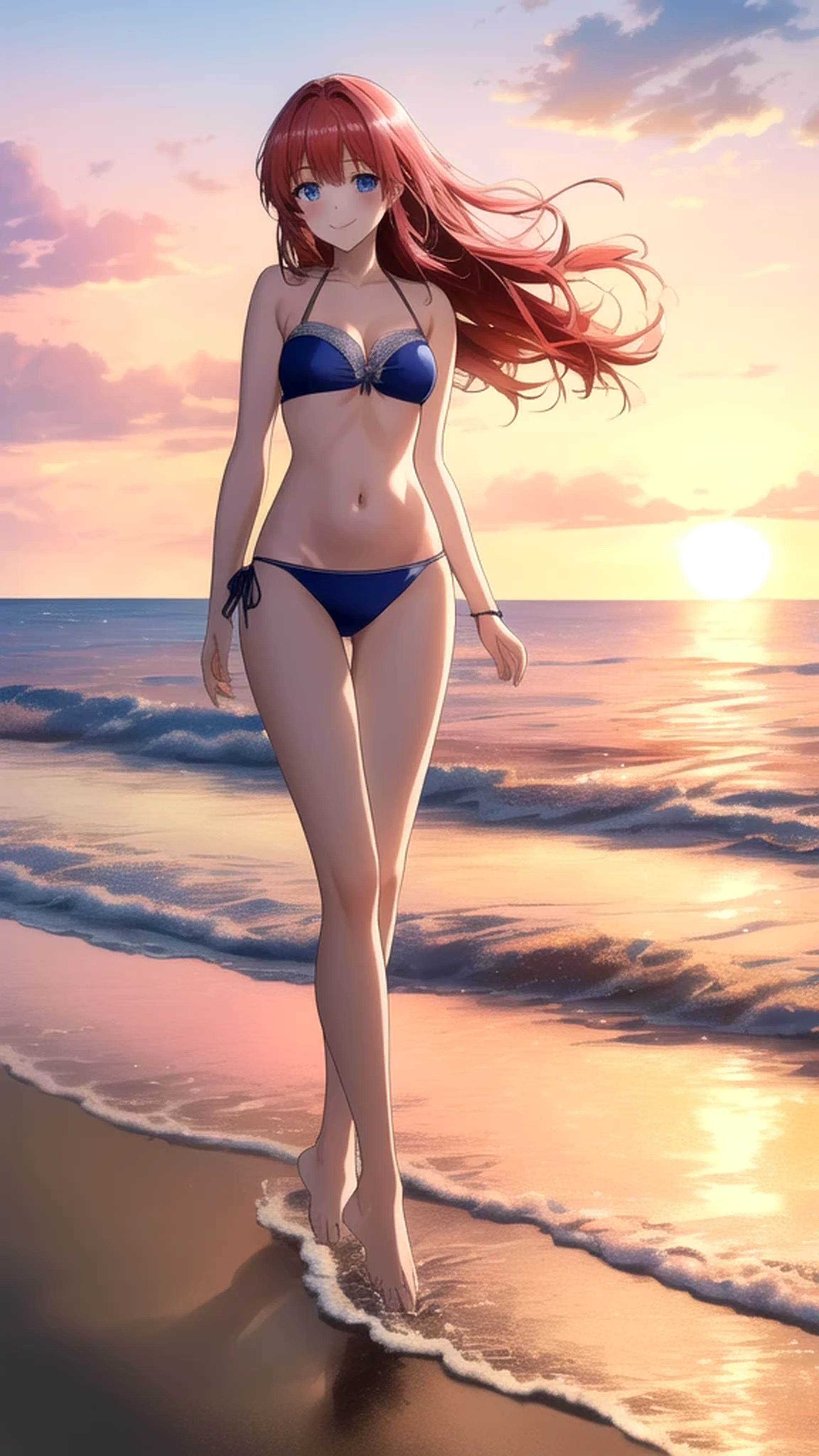 kotorishirakawa, ((masterpiece, best quality, highres, distinct_image)), extremely beautiful and delicate, extremely detailed, intricate detail, 1girl, solo, short stack, huge breasts, red hair, long hair, straight hair, Blue eyes, BREAK (Pink bandeau bikini:1.1), Cute Smile Open your mouth, Are standing, (She walked along the beach in the sunset, her bare feet touching the water, the closest she came to seeing that smile:1.1), barefoot, Two Arms, (cinematic angle:1.1),