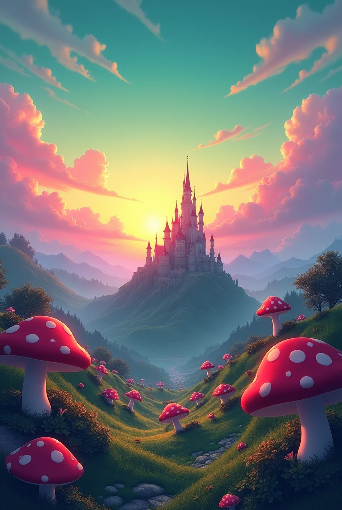 In the Mushroom Kingdom, looking at the horizon, sunset, Mushroom Kingdom background with Peach&#39;s Castle, colourful sky with green, pink, blue and purple