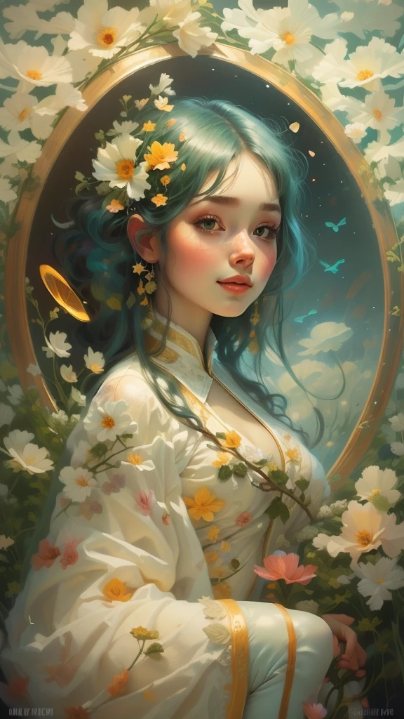 A girl in a circle, circle made of flowers, (masterpiece:1), (best quality:1), (1girl in circle, sexy pose, plus size, (((ultra realistic face))), gorgeous smile, , white gradient multicolored hair, looking seductively, beautiful face, beautiful girl totally, easynegative, in a circle, rounded flowers frame circle, (timeless:1.1), (nature:1.25), (cosmos:1.5), white theme, high detailed, fractal background, ((flowers covering the girl legs)), too many flowers,