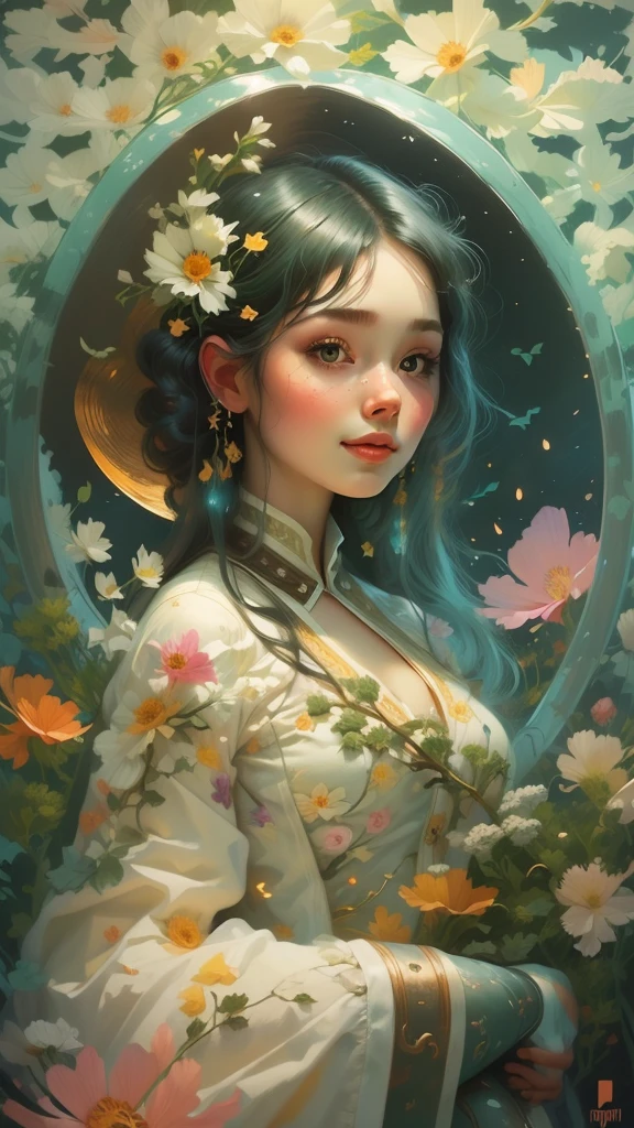 A girl in a circle, circle made of flowers, (masterpiece:1), (best quality:1), (1girl in circle, sexy pose, plus size, (((ultra realistic face))), gorgeous smile, , white gradient multicolored hair, looking seductively, beautiful face, beautiful girl totally, easynegative, in a circle, rounded flowers frame circle, (timeless:1.1), (nature:1.25), (cosmos:1.5), white theme, high detailed, fractal background, ((flowers covering the girl legs)), too many flowers,