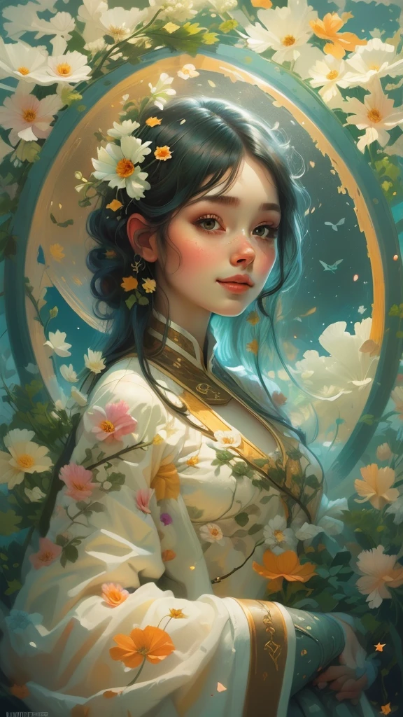 A girl in a circle, circle made of flowers, (masterpiece:1), (best quality:1), (1girl in circle, sexy pose, plus size, (((ultra realistic face))), gorgeous smile, , white gradient multicolored hair, looking seductively, beautiful face, beautiful girl totally, easynegative, in a circle, rounded flowers frame circle, (timeless:1.1), (nature:1.25), (cosmos:1.5), white theme, high detailed, fractal background, ((flowers covering the girl legs)), too many flowers,