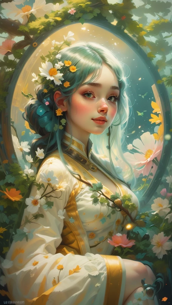 A girl in a circle, circle made of flowers, (masterpiece:1), (best quality:1), (1girl in circle, sexy pose, plus size, (((ultra realistic face))), gorgeous smile, , white gradient multicolored hair, looking seductively, beautiful face, beautiful girl totally, easynegative, in a circle, rounded flowers frame circle, (timeless:1.1), (nature:1.25), (cosmos:1.5), white theme, high detailed, fractal background, ((flowers covering the girl legs)), too many flowers,