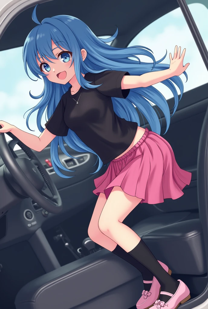 Girl with long blue hair, black t-shirt, pink skirt, black knee socks and pink ballerina shoes in a car pumping the Pendel belly-free 
