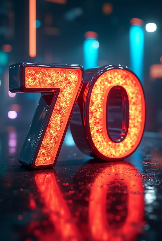 a highly detailed 3d render of the number 70 in a retro style, black, silver and gold colors, extremely creative and eye-catching, photorealistic, 4k, cinematic lighting, volumetric lighting, high contrast, dramatic shadows, intricate textures, metallic sheen, glossy finish, dynamic composition, negative space, abstract elements, futuristic design, bold typography, digital art