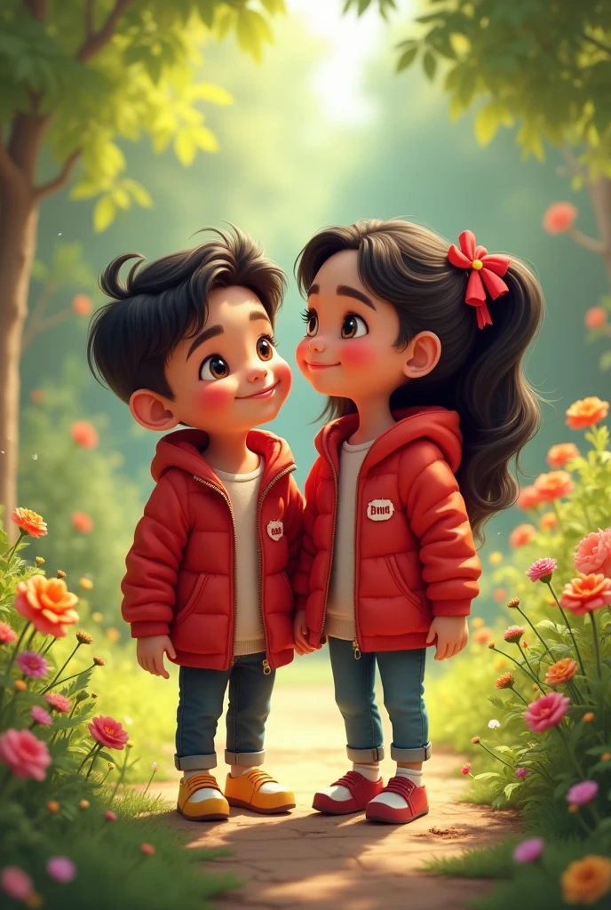 Boy and girl bestfried,boy name sameer and girl name rima, both names pic on the red jacket in garden 