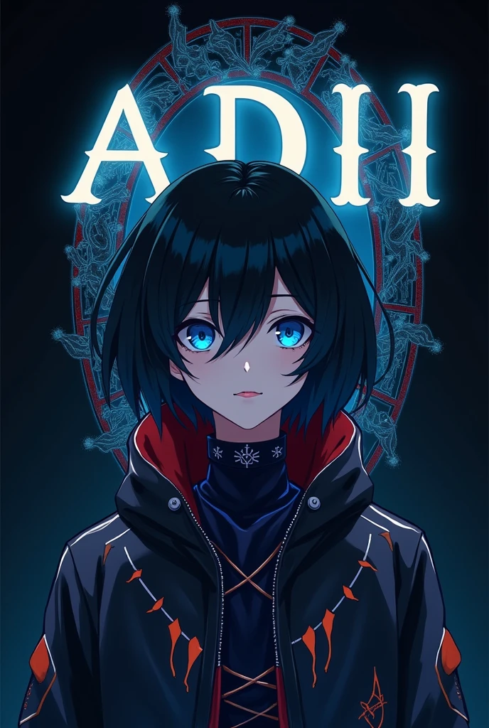 Create an image with a black background featuring a dangerous pattern. Include a adii white glowing text in background . Add an boy anime character with medium hair covering half of their face, wearing a Demon Slayer jacket in attractive colors. The character should have blue eyes, giving off a mysterious and intense vibe." For Instagram dp background text adii