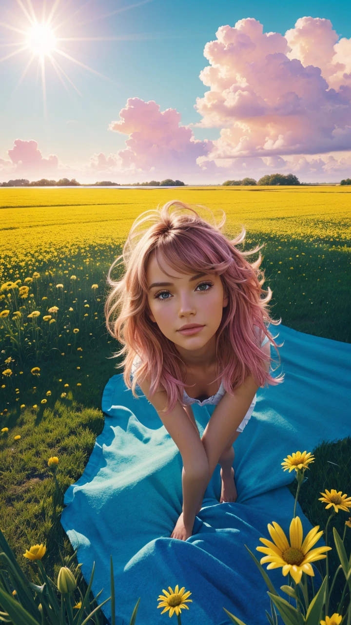 image of a sunny one-day landscape, just the landscape with flowers, flowery field, no people, no animals, vibrant childish, art style, cartoon, artistic, soft color palette, flowers of various kinds blown by the wind, brightness, magical photography, soft soft lighting, light background, realistic photo, super detailed, 4k, high resolution, super thin sharp,  high quality, unique, beautiful colors, 3d rendered,  