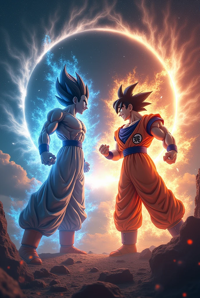 Goku with divine power fighting Vegeta with dark power (infinite eclipse)