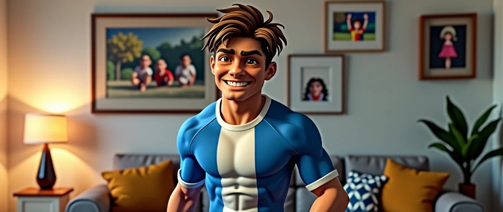 A 3D style of a muscular 15 year old boy in a blue and white soccer uniform is very boring. background living room of the house