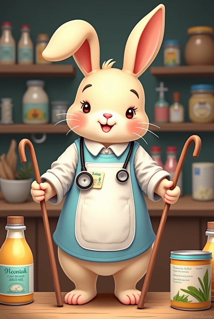 A rabbit with stethoscope, bearing white and blue apron . Fatty and cute appearance.
Showing bottle and can of ghee , cow milk .
Written Dr. D mellow.
Holding canes and bottle of ghee