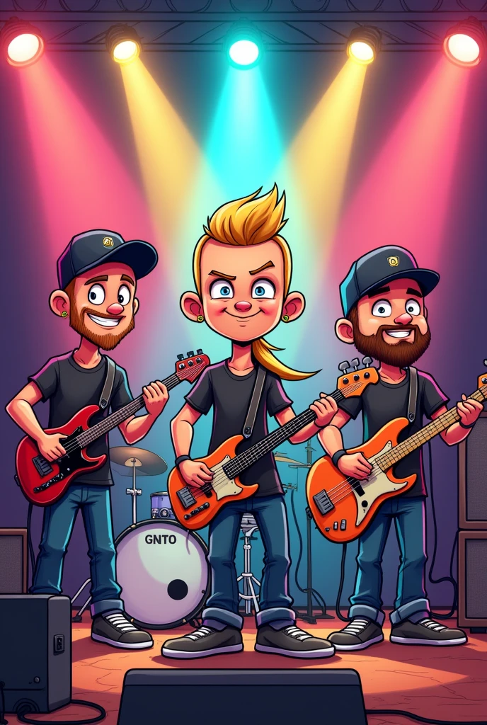 Draw in a cartoon way a music band with a drummer playing in the middle with a short blond mullet, a guitarist on the left with shaved hair under a cap and a two days old beard, and a bass' musician on the left with shaved hair and a cap and a beard.
