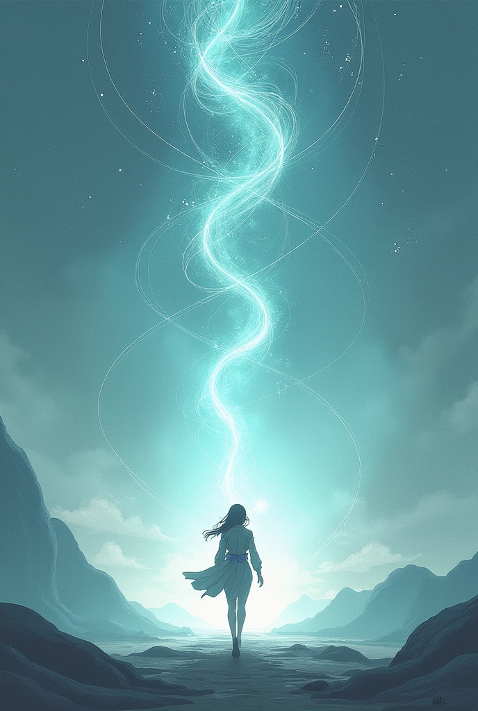 Create a lineart illustration Scenario: Create an image where Sayne's invisible support for Marine is represented as some kind of magical force or energy, perhaps with lines of light or subtle geometric shapes guiding Marine forward.
